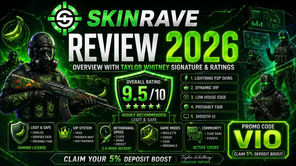 Comprehensive Skinrave review 2026 infographic showing platform ratings, CS2 game modes, and the VIO promo code by CS2 expert Taylor Whitney.