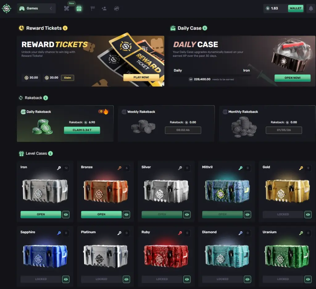 he Skinrave VIP tier system and rakeback vault interface, displaying how players earn daily, weekly, and monthly crypto rewards by wagering.