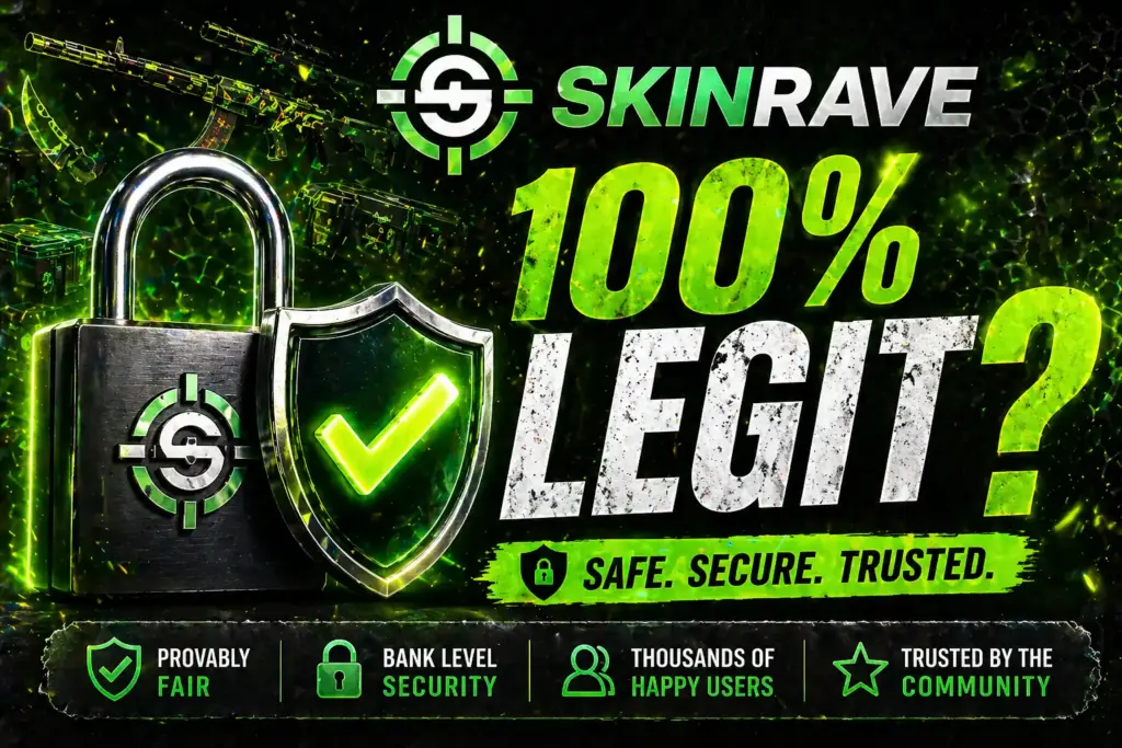 A security test graphic displaying a green padlock and the Skinrave logo, proving the CS2 casino is 100% legit, safe to use, and not a scam.