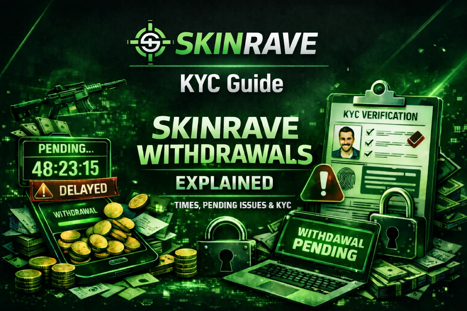A high-quality 3D render of a futuristic digital identity verification interface with secure data streams, representing the Skinrave KYC withdrawal guide for CS2 skin cashouts.